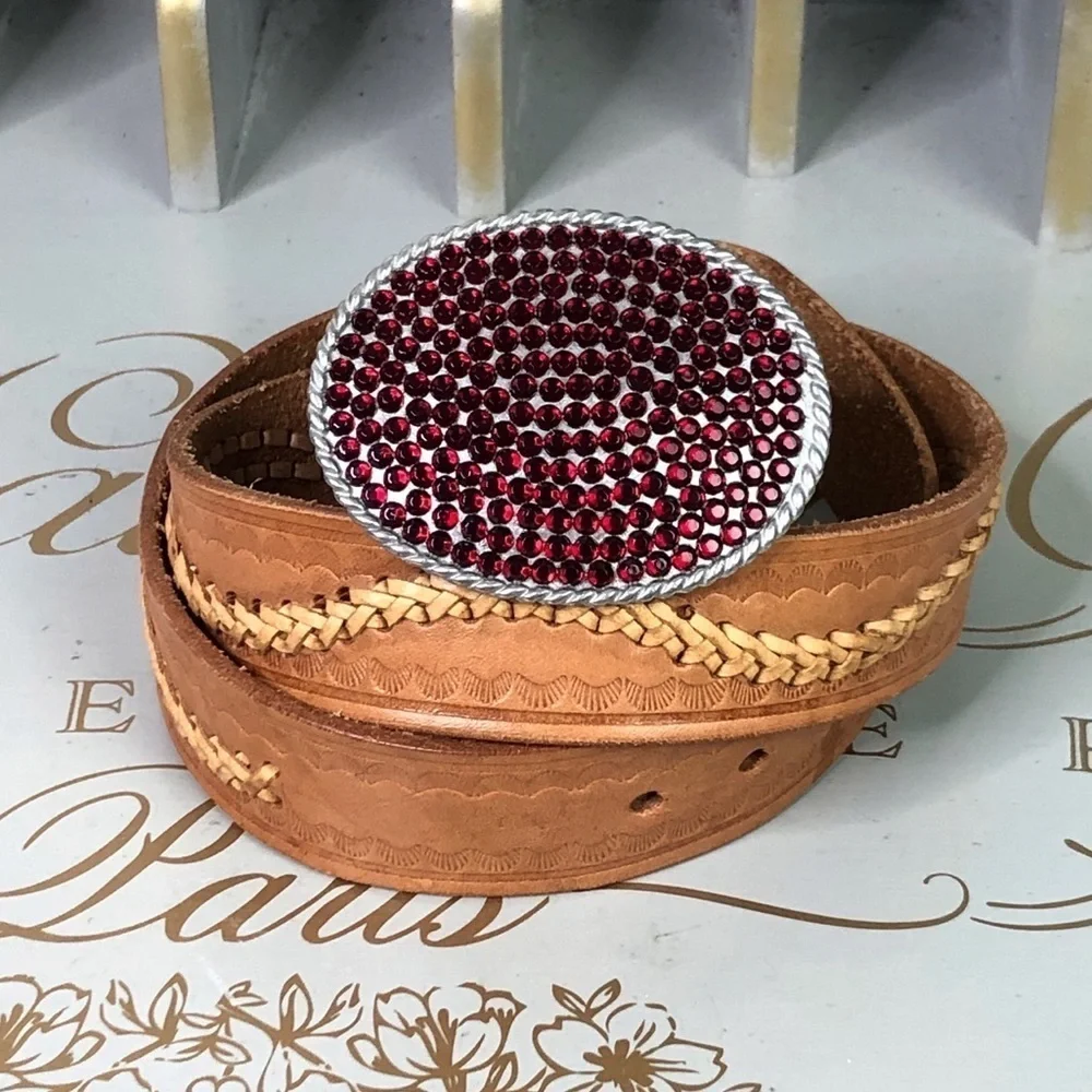 RED rhinestone tan leather woven belt